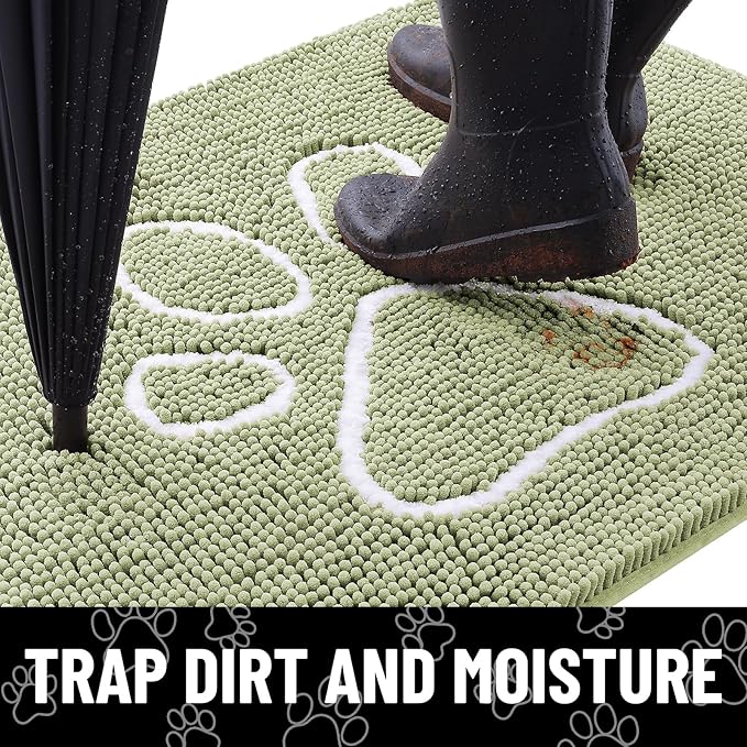 Smiry Dog Door Mat for Muddy Paws, Absorbent Dirt Trapper Non Slip Quick Dry Washable Chenille Mat for Mud Dogs, Entry Rug for Indoor and Outdoor (70x24 Inches, Sage Green and White)