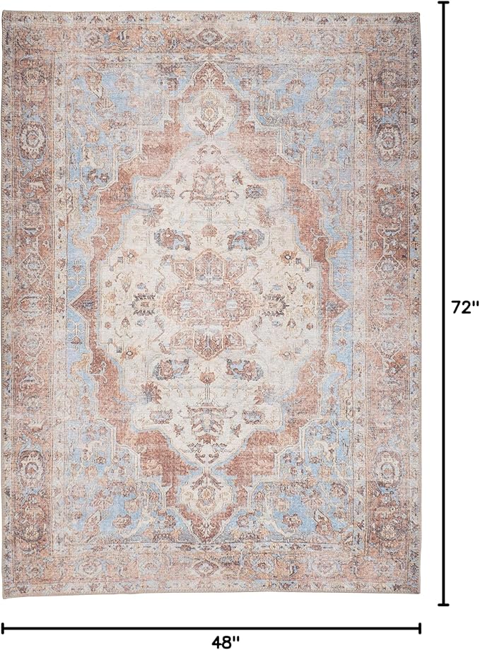 GLN Rugs Traditional Collection - Machine Washable Area Rug, Traditional Washable, Non Slip, Low Pile Chenille Rug, Living Room, Bedroom, Kitchen Rug (4' x 6' Brown/Blue)