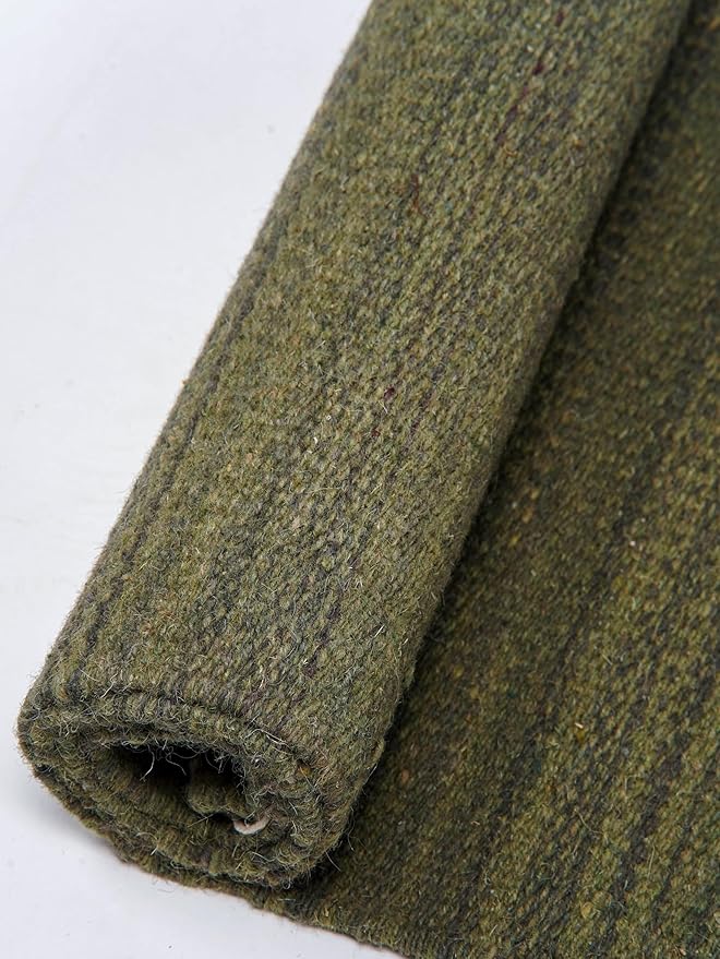 Rugsotic Carpets Hand Woven Flat Weave Kilim Wool ECO-Friendly Area Rugs - 10'x13', Rectangle Shape, Olive Color, Solid Plain Design, Low Pile Handmade Area Rugs for Living Room, Bed Room (D00111)