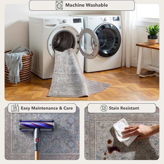 Kuden 8x10 Large Area Rug, Machine Washable Area Rug with Non-Slip Backing, Vintage Style, Soft, Easy Clean, Low Pile Rug for Living Room, Bedroom, Dining Room
