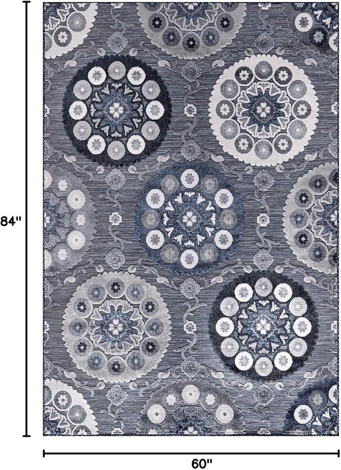 CAMILSON Indoor Outdoor Rug 5x7 Bohemian Medallion Floral Area Rugs for Indoor and Outdoor Patios Easy-Cleaning Non-Shedding Living Room Garden and Kitchen Washable Outside Carpet (5 x 7 / Navy)