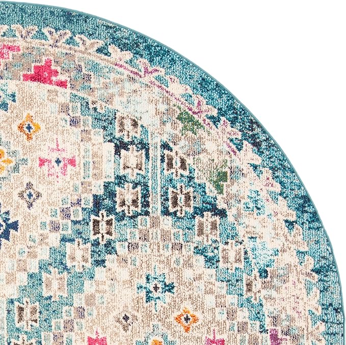 SAFAVIEH Madison Collection Area Rug - 6'7" Round, Dark Blue & Yellow, Boho Diamond Distressed Design, Non-Shedding & Easy Care, Ideal for High Traffic Areas in Living Room, Bedroom (MAD418N)