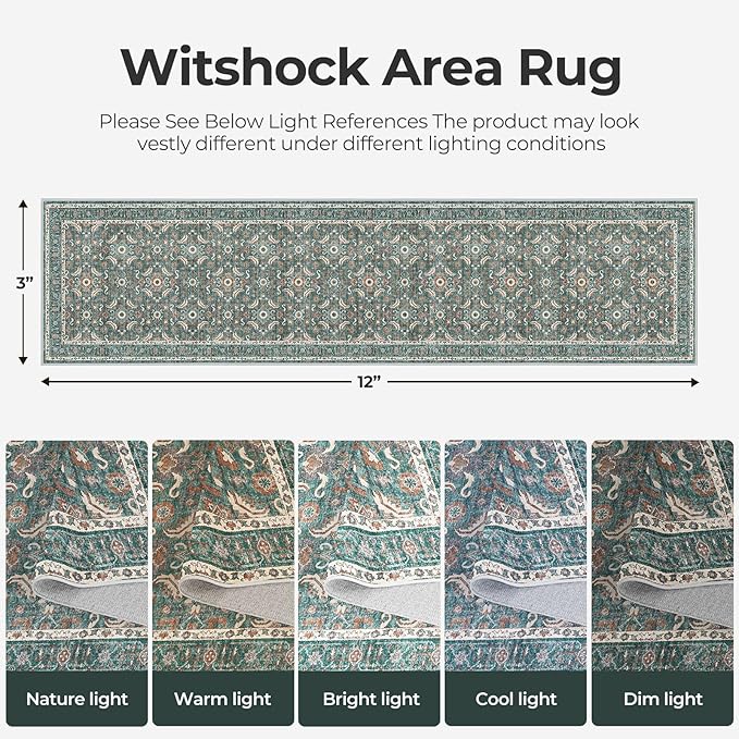 WITSHOCK Washable 3x12 Long Runners Rugs for Hallways,Vintage Neutral Hallway Rugs for Entryway Kitchen Bedroom,Vintage Farmhouse Home Decor(Teal Blue,3x12)
