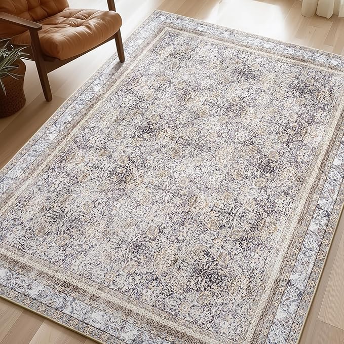 Phantoscope Washable Area Rug 9'x12' Non-Slip, Vintage Neutral Rugs for Living Room, Bedroom, Dining Room, Distressed Boho Floral Medallion Pattern, Low-Pile Foldable Floor Carpet, Light Brown