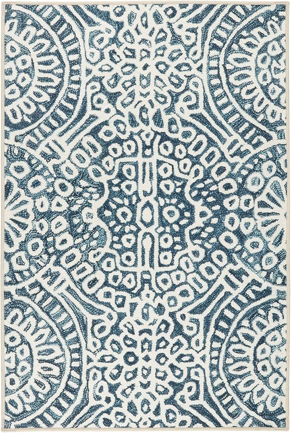 Dash & Albert Temple Ink Machine Washable Rug, 7.5 X 9.5 Feet, Blue Geometric Pattern