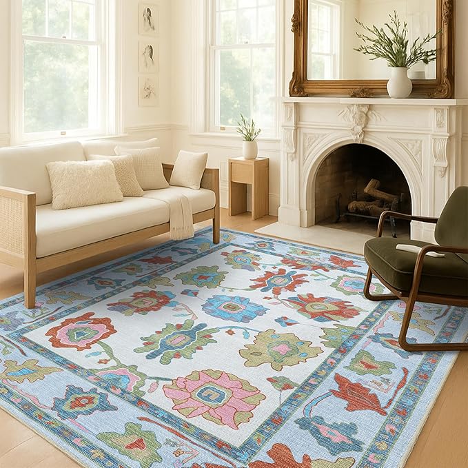 Fame Living Colorful Oushak Rug, Modern Rugs, Vintage, Turkish, Eclectic, Floral, Pastel, Washable, Small Throw, Accent Area Rug for Living Room, Bedroom, Kitchen, Bathroom, 2'5"x4'9"