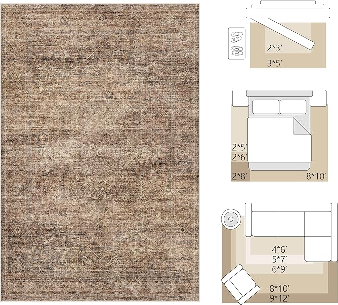 Fmfunctex 2x6 Hallway Runner Rug Rust Brown Vintage Neutral Washable Distressed Non Slip Low Pile Traditional Indoor Carpet Retro Entryway Rug for Kitchen Living Room Bedroom Bathroom Laundry Entrance