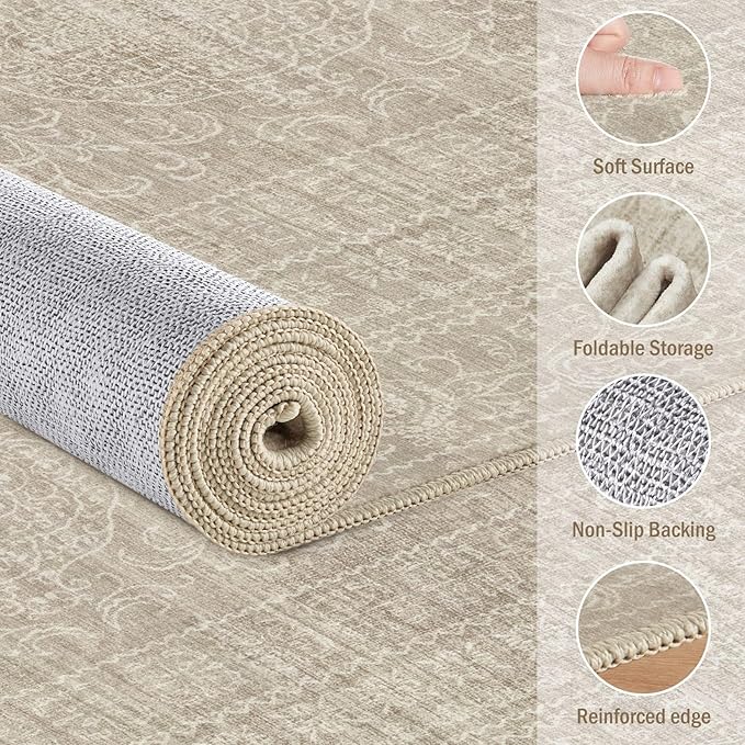 5x7 Area Rugs Living Room: Washable Large Vintage Rug Neutral Non-Slip Soft Stain Resistant Indoor Carpet for Bedroom Nursery Dining Room Under Table Bed Home House Office Playroom - Brown