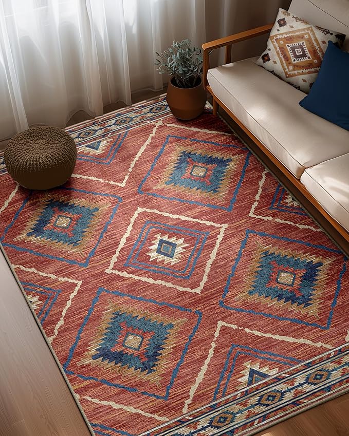 Area Rug 10x14 Rug Machine Washable Non-Slip Low Pile Print Pattern Western Rug for Living Room Bedroom Entryway Tribal Series -Red/Orange
