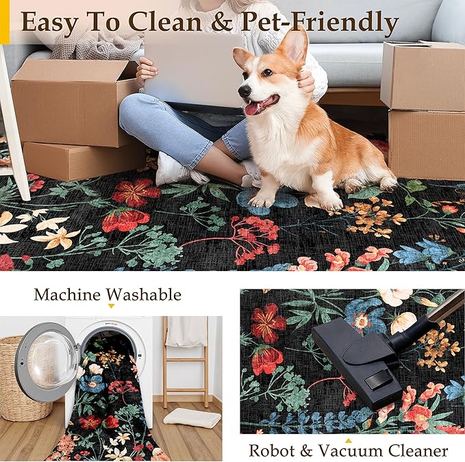 Floral Runner Rug 2x7 Washable Hallway Long Black Bedroom Carpet Non Slip Indoor Boho Kitchen Low Pile Accent Rug Lightweight Soft for Bathroom Dining Laundry Living Room