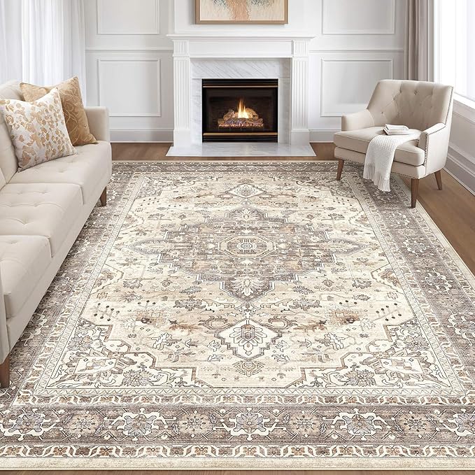 12x15 Area Rug Living Room: Washable Boho Large Neutral Vintage Soft Rugs Stain Resistant Farmhouse Non Slip Indoor Floor Carpet for Bedroom Nursery Kids Playroom Office Dining Room Home Decor- Brown