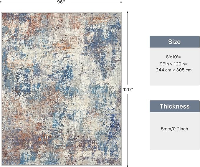8x10 Area Rugs Washable Blue Rug for Living Room Bedroom, Abstract Modern Large Rug Non Slip, Water Repellent Low Pile Soft Carpet for Dining Room, Blue Rust