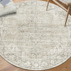 ReaLife Rugs Machine Washable Area Rug - Living Room Bedroom Bathroom Kitchen Entryway Office - Padded Low Pile Stain Resistant Premium - Boho Farmhouse Vintage - Lyle - Beige Ivory 4' Round