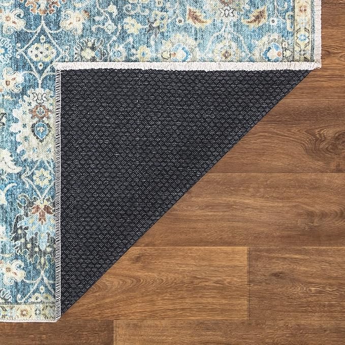 Bloom Rugs Washable Non-Slip 2x3 Rug - Blue/Beige Traditional Oriental Area Rug for Living Room, Bedroom, Dining Room, and Kitchen - Exact Size: 2' x 3'