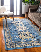 Unique Loom Taftan Collection Border Geometric Tribal Inspired Design Area Rug (9' 0 x 12' 0 Rectangular, Light Blue/ Gold)