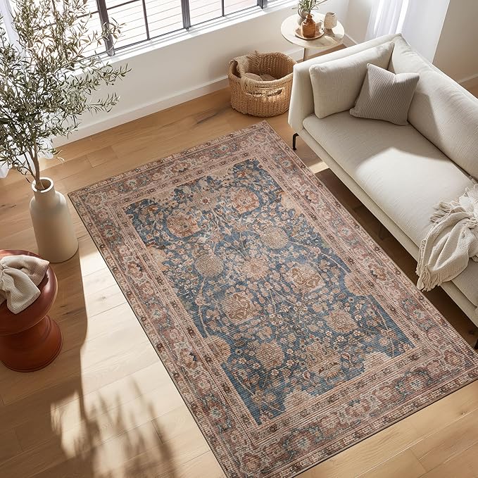 Kuden 5x7 Area Rug, Machine Washable Area Rug with Non-Slip Backing, Vintage Style, Soft, Easy Clean, Low Pile Rug for Living Room, Bedroom, Dining Room