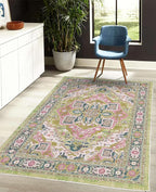 Ambesonne Ethnic Decorative Rug, Bohemian Retro Themed Floral Detail Cultural Abstract Shapes Flourish, Quality Carpet for Bedroom Dorm and Living Room, 4' X 5' 5", Pistachio Green Pink Teal