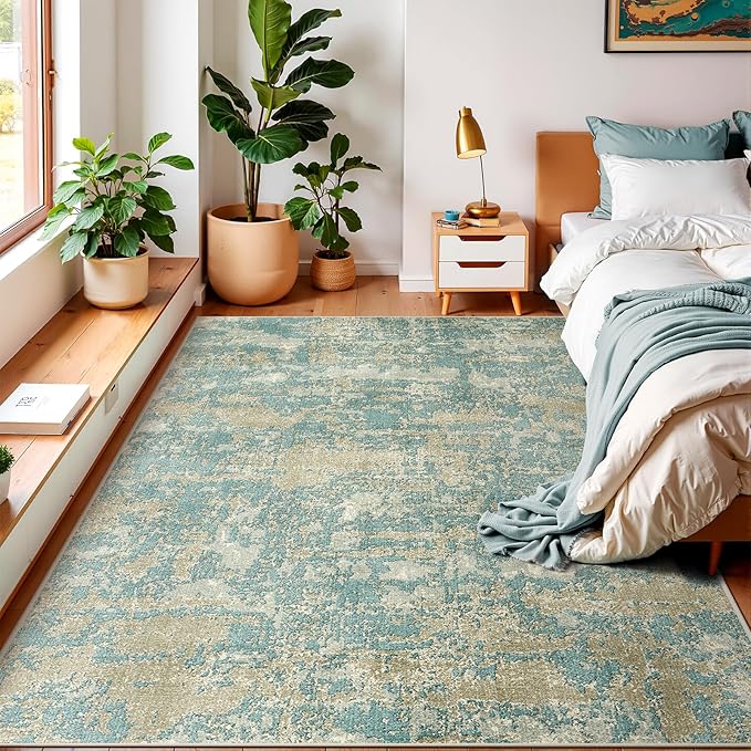 WITSHOCK Living Room Area Rugs 6x9：Modern Abstract Machine Washable Large Rug for Bedroom Dining Room Non-Slip Stain Resistant Home Office Decor,Teal Brown