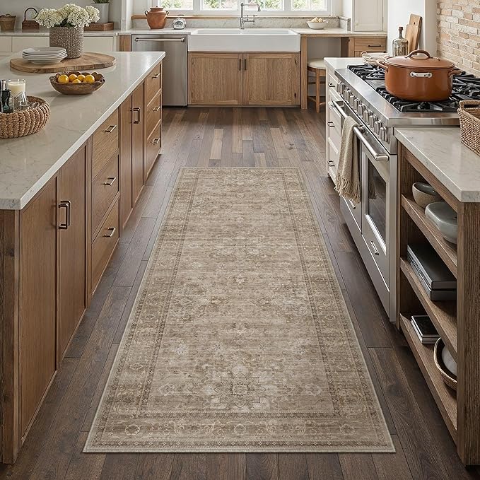 HUGEAR Washable Hallway 2x6 Runner Rugs Retro Brown Vintage Distressed Non Slip Stain Resistant Low Pile Neutral Throw Carpet for Bedside Kitchen Entryway Home Decor