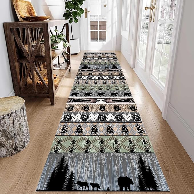 Bear Rug for Runner Rug, 2x7ft, Rustic Black Bear Wood Saw Compass Pine Oil Lamp Pattern Long Runner Rug, Camping Theme Multi-Color Stitching Non-Slip Floor Carpet, Cabin Style Home Decoration
