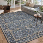 Washable Living Room Rug: 10x14 Boho Floral Soft Area Rug for Bedroom Decor - Vintage Low Pile Thin Carpet for Dining Room Non-Slip - Farmhouse Stain Resistant Rugs - Slate Blue