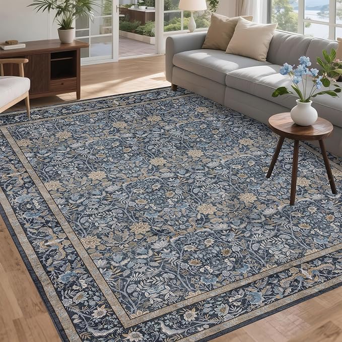 Washable Living Room Rug: 10x14 Boho Floral Soft Area Rug for Bedroom Decor - Vintage Low Pile Thin Carpet for Dining Room Non-Slip - Farmhouse Stain Resistant Rugs - Slate Blue
