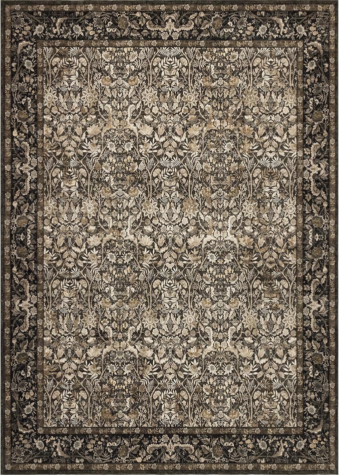 Washable Living Room Rug: 6x9 Boho Floral Soft Area Rug for Bedroom Decor - Vintage Low Pile Thin Carpet for Dining Room Non-Slip - Farmhouse Stain Resistant Rugs - Dark Brown