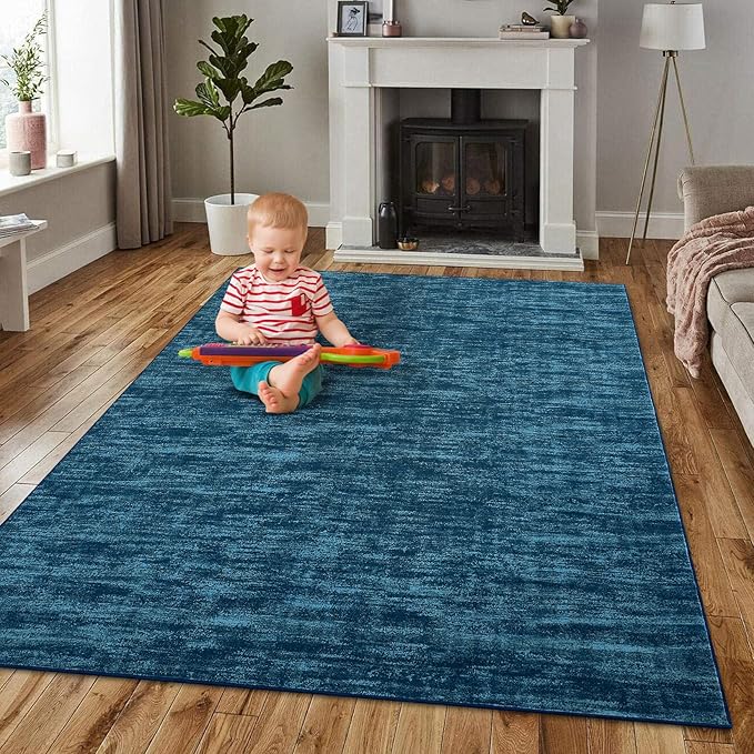 RUGSREAL Large Solid Color Area Rug 8x10 Machine Washable Rug Non-Slip Low-Pile Modern Area Rugs Contemporary Rug Home Office Throw Carpet for Living Room Bedroom, 8' x 10' Indigo