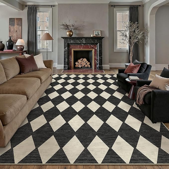 6x9 Checkered Area Rugs for Living Room Black Machine Washable Large Rug Non-Slip Stain Resistant Low Pile Boho Accent Indoor Throw Carpet for Bedroom Dining Room Classroom