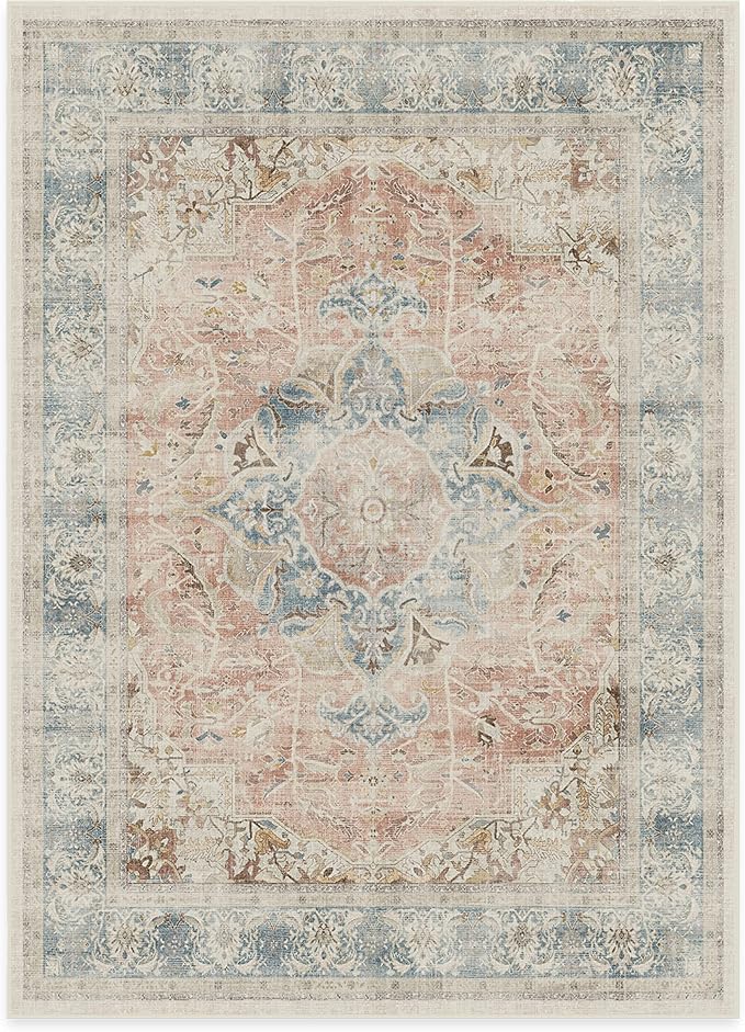 RUGGABLE Washable Vintage Area Rug – Sarrah Coral 5x7, Stain-Resistant, Non-Slip – Medium Machine Washable Rugs for Living Room, Bedroom, Hallway, Entryway & Office–with Standard Pad