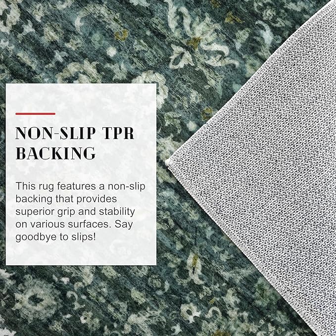 Vintage Floral 2x5 Runner, Dark Green Washable Hallway Runner, Non-Slip Kitchen Runner, Super Soft Thin Printed Faux Wool Carpet for Entryway, Front Door, Backdoor Bedside