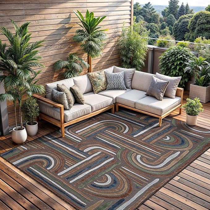 CAMILSON Indoor Outdoor Rug, Brown 5x7 Geometric Arch Striped Area Rugs for Patio and Home Areas, Easy-Cleaning Non-Shedding Living Room, Garden and Deck Washable Outside Carpet (5 x 7)