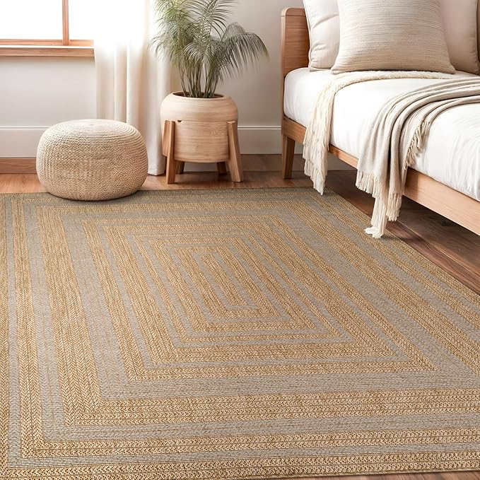 Beverly Rug Easy Jute Framed Border Rug 6x9 Washable Durable Indoor Outdoor Area Rugs for Living Dining Room Patio Office Stain Resistant Non Shedding Casual Indoor Outside Carpet 6 x 9 Natural