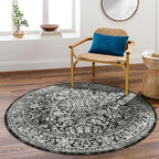 vivorug Round Rug 4ft Vintage-Inspired Round Area Rug Non-Slip Indoor Carpet for Living Room Bedroom Entryway, Stain Resistant Home Decor Circle Rug, Black and White