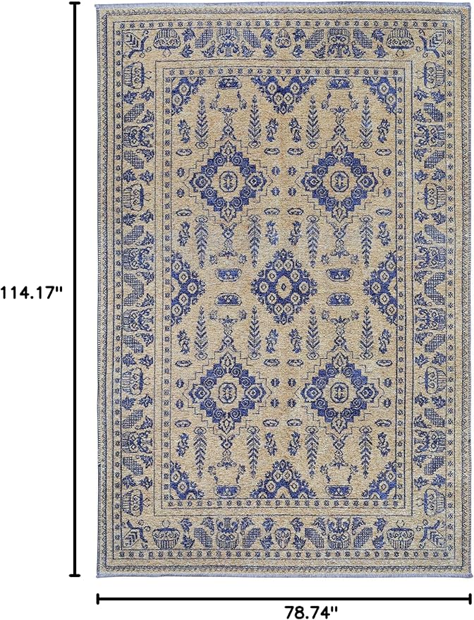 Alfa Rich 7x10 Gold Navy Blue Washable Area Rugs for Living Room Bedroom Kitchen Dining Cotton Rug