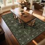 4x6 Area Rug for Bedroom Machine Washable, Non Slip Vintage Floral Kitchen Rugs for Dining Room, Low Pile Indoor Floor Print Carpet for Nursery Farmhouse Home Office Dark Green