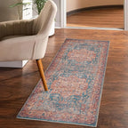 GLN Rugs Traditional Collection - Machine Washable Area Rug, Traditional Washable, Non Slip, Low Pile Chenille Rug, Living Room, Bedroom, Kitchen Rug (2'6" x 7' Terra/Green)