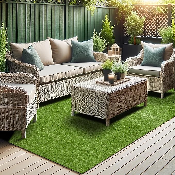 Ottomanson 6'6" x 41' Artificial Faux Grass Rug - Realistic Turf with UV Protection - Perforated for Easy Drainage - Durable, Hose-Off Synthetic Lawn Carpet for Indoor & Outdoor Use, Green