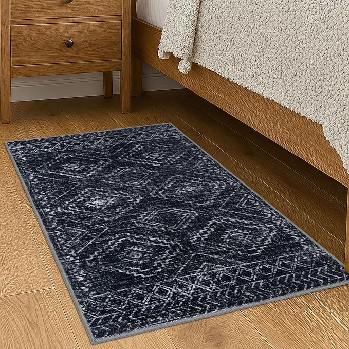 KILOCOCO Boho Entryway Rug 2x3 Printed Small Area Rug Indoor Door Mat Machine Washable Kitchen Rugs Super Soft Non Slip Throw Rugs for Bedroom Entrance Geometric Laundry Room, Black/Navy