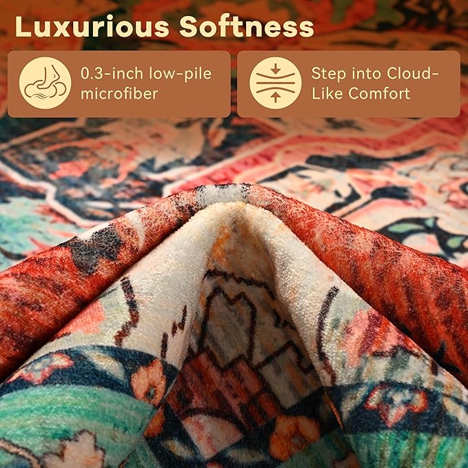 YJ.GWL Area Rugs for Living Room 8x10 Machine Washable Rugs, Non Slip Floral Vintage Rug Indoor Carpet, Stain Resistant Large Rug for Bedroom Dining Room, Red Blue Gradient Color