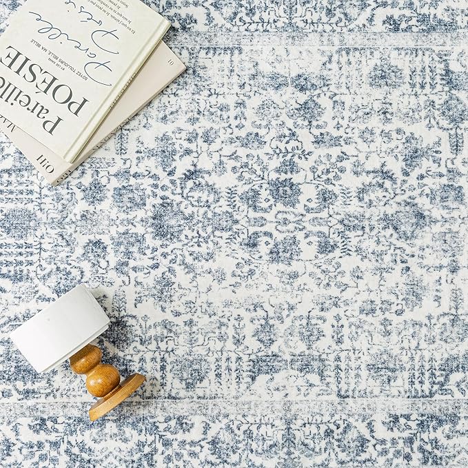 Navy Blue Area Rug 5x8 Machine Washable Vintage Living Room Distressed Non Slip Carpet Traditional Indoor Bedroom Retro Floral Accent Throw Large Rug for Office Kitchen Bathroom Dining Room