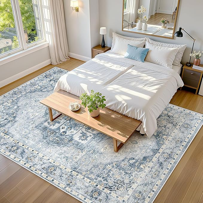 8x10 Area Rugs Washable Rugs for Living Room, Large Vintage Boho Rug Non-Slip Soft Floral Distressed Rug Low Pile Stain Resistant Carpet for Bedroom Nursery Office Dining Room Farmhouse(Blue, 8'x10')