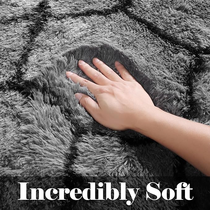 ONASAR Bedroom Living Room Area Rugs 5x8, Grey and Black Geometric Rug Floor Mat for Home Decor Aesthetic, Soft Shaggy Plush Fluffy Moroccan Carpet for Teen Nursery Playroom Dorm Classroom