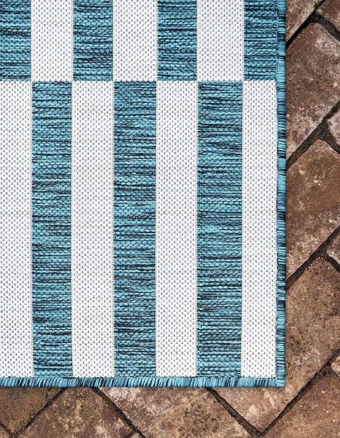 Unique Loom Outdoor Striped Collection Area Rug - Striped (7' 1" x 10' Rectangle, Teal/Ivory)