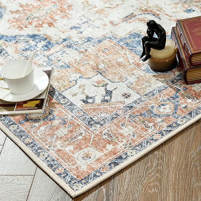 jinchan Kelda Area Rug 9x12 Washable Living Room Rug Vintage Indoor Large Floor Cover Distressed Lightweight Non-Slip Low Pile Thin Mat Accent Stain Resistant Carpet for Bedroom Office Orange