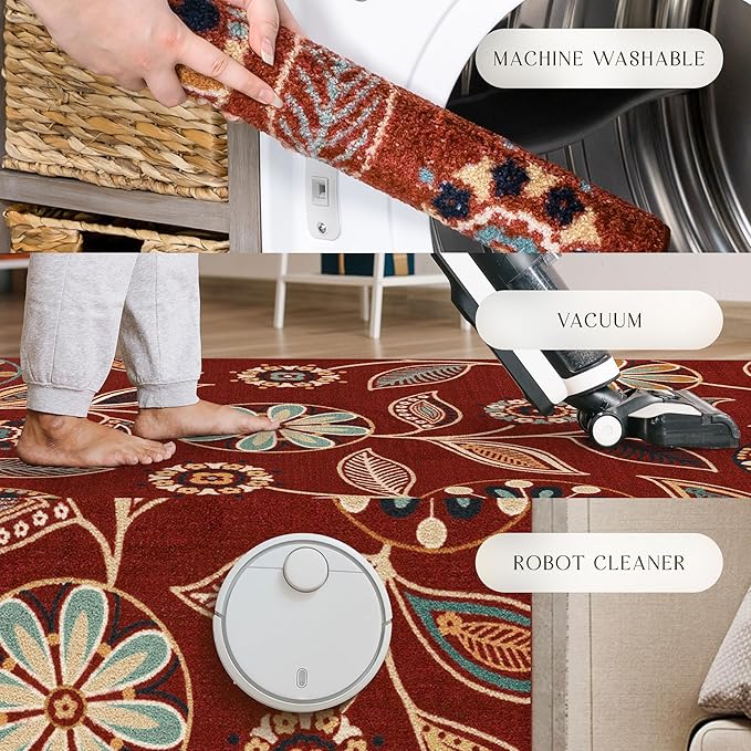 Maples Rugs Reggie Floral Runner Rug - Made in USA - Washable, Non Slip Indoor Carpet for Kitchen, Hallway, and Laundry Room, 2'6" x 8', Merlot