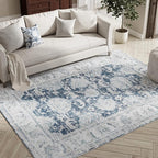 jinchan Fiora 4x6 Area Rugs for Bedroom - Machine Washable Distressed Vintage Floral Design Stain Resistant Boho Carpet Ultra-Thin Low Pile Non-Slip Rug for Living Room Dining Room (4‘x6', Dark Blue)