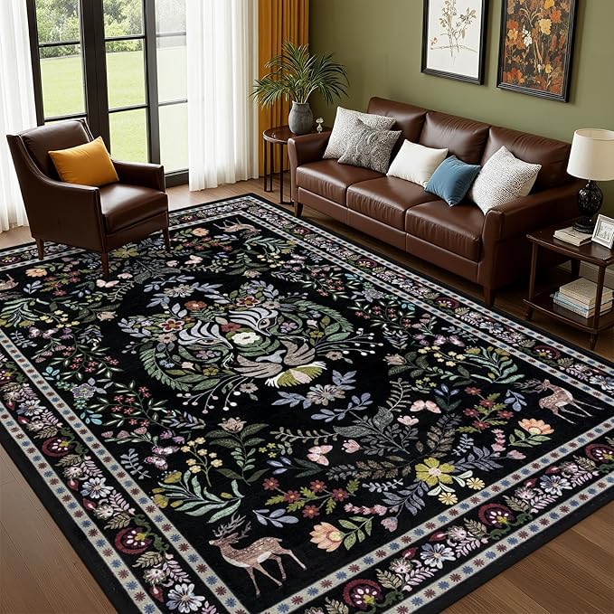 9x12 Area Rugs Living Room Rug: Vintage Washable Rug Floral Soft Carpet Indoor Floor Non-Slip Boho Stain Resistant Large Carpets for Bedroom Kids Nursery Dining Room Farmhouse Home Office Black