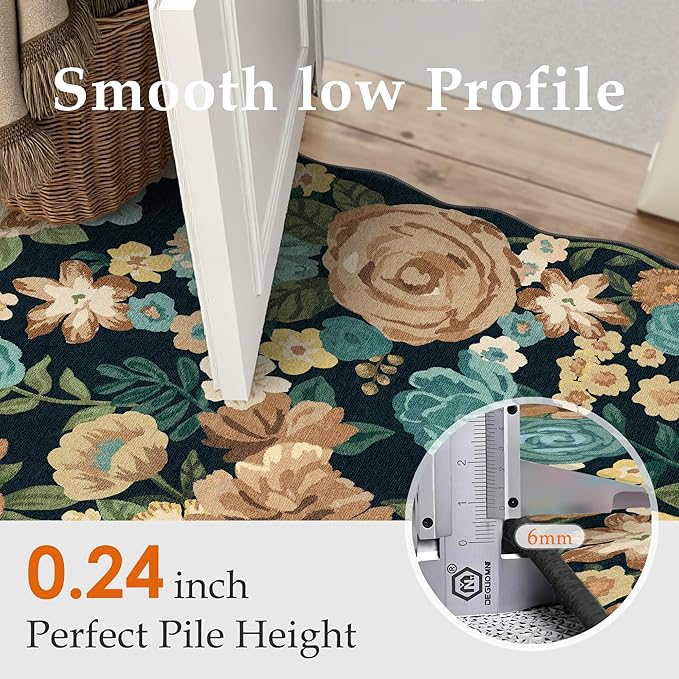 Washable Floral Runner Rug 2x5 Black Hallway Carpet Scalloped Flower Non Slip Soft Long Kitchen Runner Farmhouse Low Pile Thin Indoor Floor Cover for Bathroom Bedroom Laundry Room Entryway