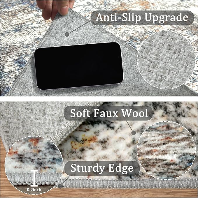 8x10 Washable Area Rug for Living Room, Multicolor Modern Vintage Abstract Rug Large Non-Slip Low Pile Soft Faux Wool Carpet, Kids and Pets Friendly for Bedroom Dining Room Farmhouse Home Decor Rug
